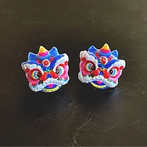 Colorful Chinese Lion lucky blue stud Dragon Mask Earrings cute small gift new